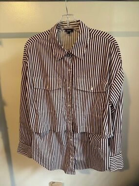 Express Men's Brown and White Vertical Stripe Button-Down Shirt